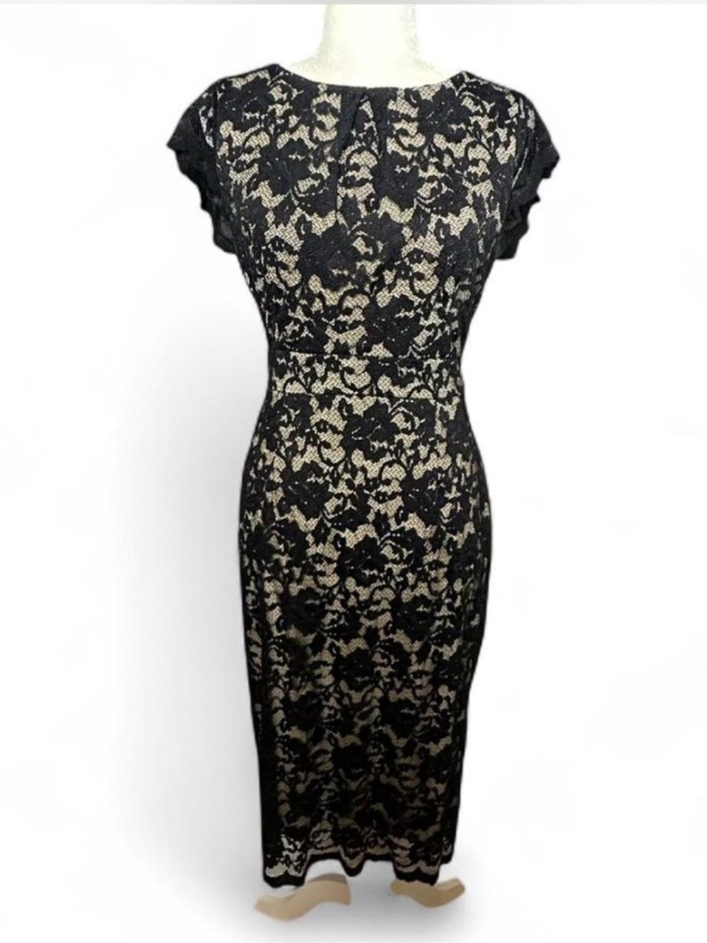 💜 ABS by Allen Schwartz Black Floral Lace Overlay Cap Sleeve Midi Dress (L)